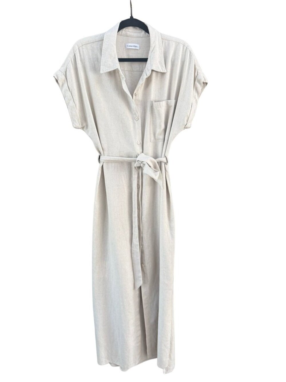 Calvin Klein Linen Blend Shirt Dress Belted Midi Beige Button Front Women's M - Picture 2 of 10